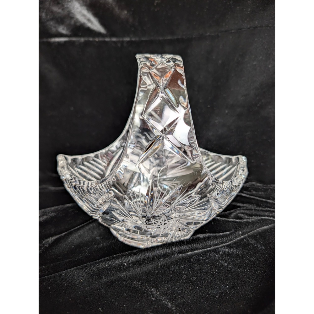 Vintage Bohemian Cut Crystal Basket 6" Pinwheel Queens Lace Sawtooth Rim Czech